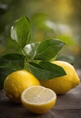 Extreme close-up of ripe lemons and lemon tree leaves on wooden plank table in bright light