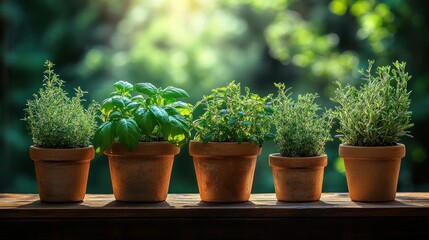 Fototapeta premium Fresh herbs in terracotta pots on a wooden surface