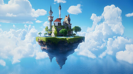 Obraz premium Floating Island Castle With Pixelated Aesthetic And Tower Structure Under Bright Blue Sky and White Clouds