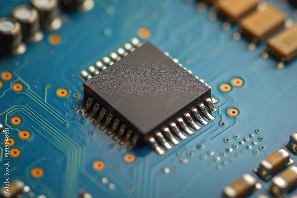Poster close-up of a microchip on a circuit board.
