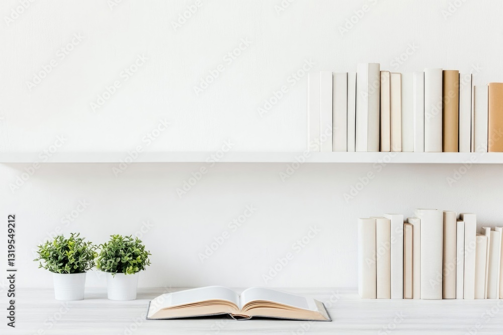 Aufkleber capture elegantly styled modern bookshelf containing various books with open book set down in front 