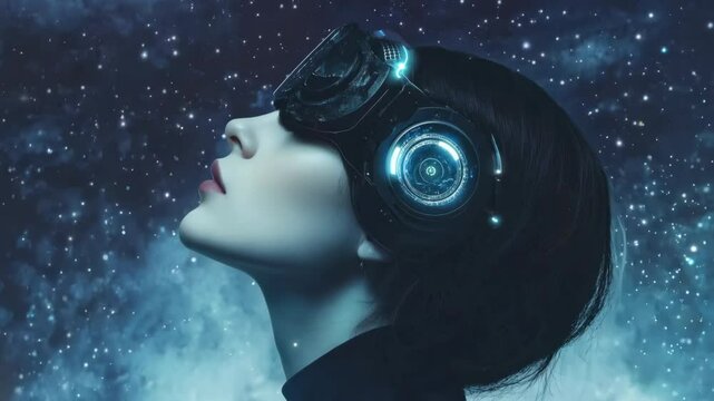 Woman wearing vr headset immersed in a cosmic experience