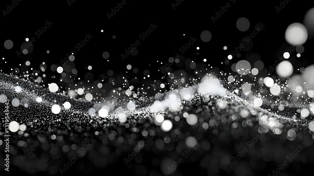 Poster abstract black and white bokeh particle wave effect glowing particles flowing against dark backgroun