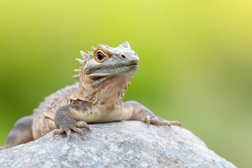 Obraz premium close-up image of tuatara basking on sunlit rock highlighting its prehistoric features with ample copy space