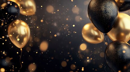 Golden and Black Balloons in the Air with Glitter Background, for celebration