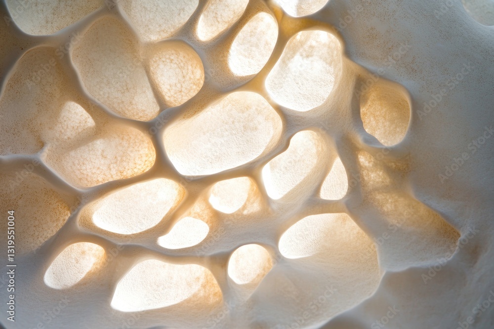 Poster close-up of textured ceramic surface showing intricate patterns illuminated by soft natural light wi