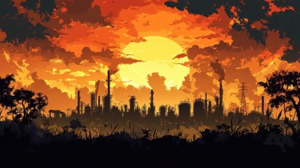 Fototapeta premium Industrial Landscape at Sunset with Silhouetted Factories and Trees