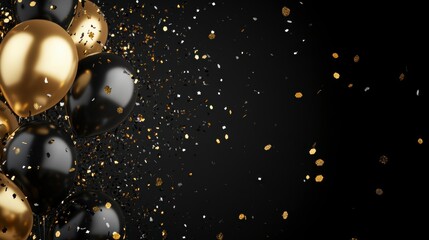 Black and gold balloons, confetti, celebration background, party