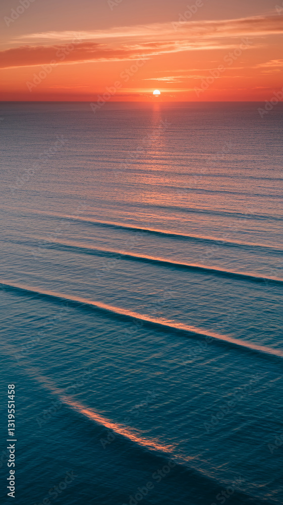 Poster ocean waves at sunset, showing the sun's reflection on the water surface, creating a tranquil and se
