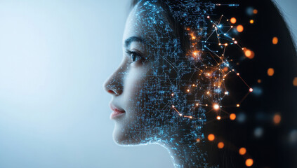 Obraz premium image depicts futuristic representation of woman profile, integrated with digital network elements and glowing nodes, symbolizing technology and artificial intelligence