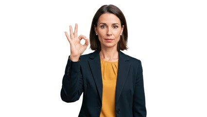 Caucasian woman in business suit gestures OK in professional indoor setting, conveying confidence and positive communication