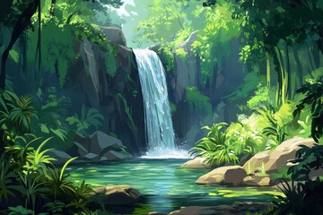 Tropical rainforest with a waterfall, vibrancy