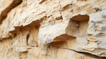 close-up of jagged weathered cliff face with intricate rock textures and cavities shot in warm natural light