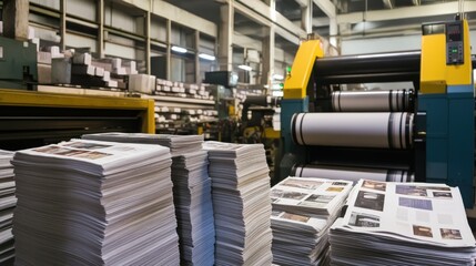 Printer in action in a bright industrial setting with stacked newspapers ready