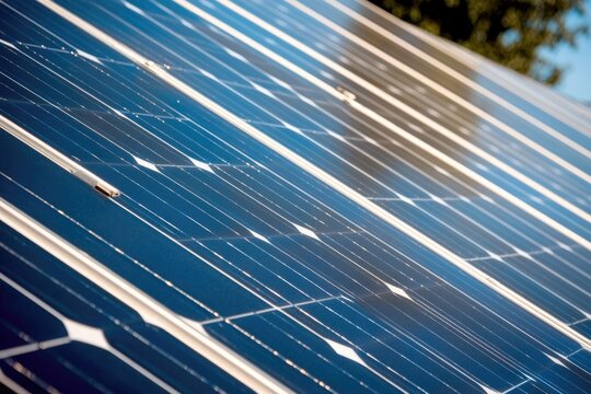 close-up of sleek solar panels gleaming under direct sunlight with ample copy space for eco-friendly messaging