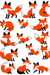 Cute red foxes in scandinavian folk art style, different expressions, sticker flash sheet.
