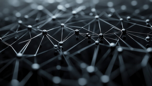 close up view of network of interconnected nodes and lines, representing technology and connectivity. image conveys sense of complexity and modernity