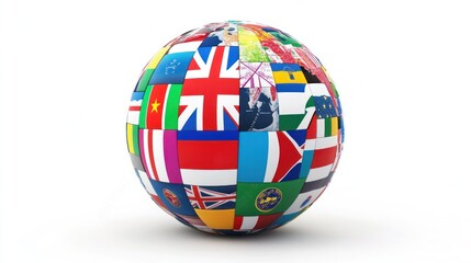 World flags are assembled into a spherical globe against a stark, white, neutral background