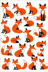 Fototapeta premium Cute red foxes in scandinavian folk art style, different expressions, sticker flash sheet.