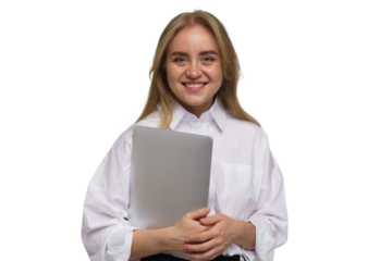 Joyful young woman holding a laptop in a bright and simple studio setting, exuding confidence and approachability