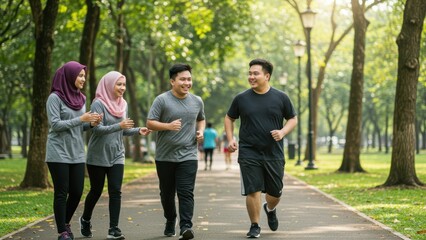 Muslim women and Asian man running together in park Focus on friendship, fitness, and active lifestyle