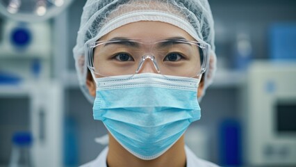 Asian female scientist wearing protective eyewear and mask in laboratory setting, showcasing diversity in STEM and safety protocols