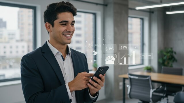 South Asian man smiling and using smartphone in modern office showcasing financial data and digital interface concepts