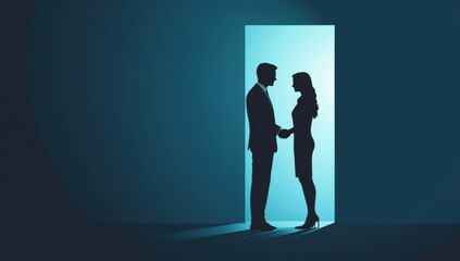 Obraz premium couple standing in doorway, holding hands, silhouetted against blue light, conveying sense of intimacy and connection
