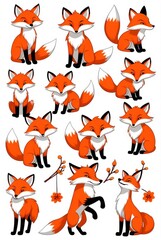 Cute red foxes in scandinavian folk art style, different expressions, sticker flash sheet.