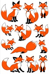 Fototapeta premium Cute red foxes in scandinavian folk art style, different expressions, sticker flash sheet.