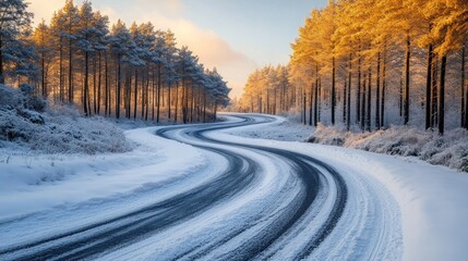 Obraz premium Winter road winding through a snowy forest at sunrise
