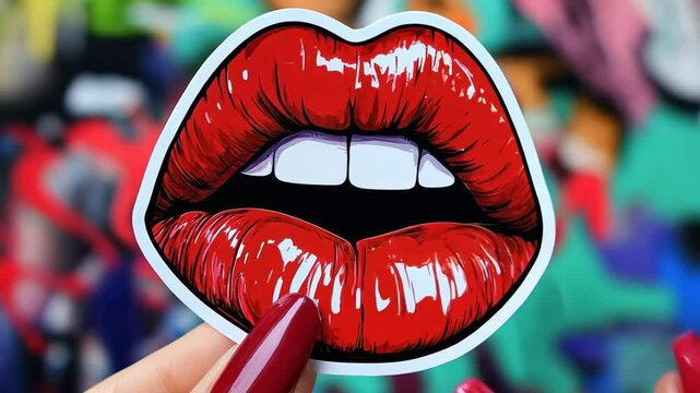 Woman holding glossy red lips sticker on graffiti background