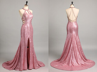 elegant pink sequin mermaid prom dress, halter neck, open back.