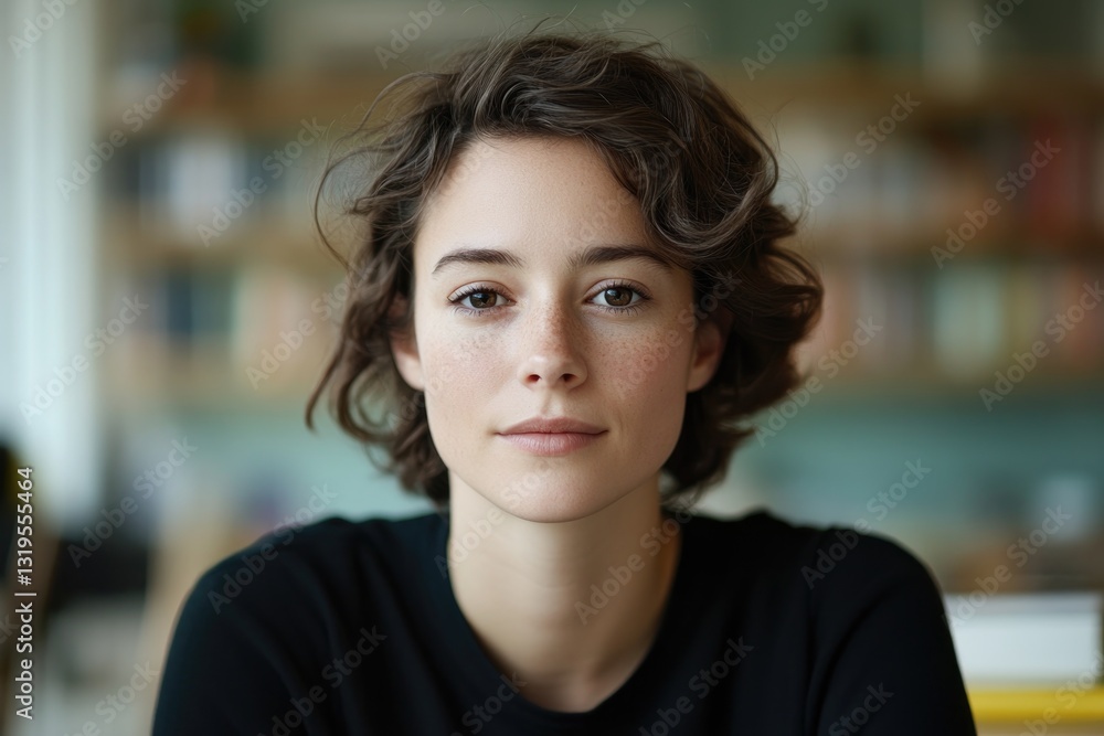 Poster minimalistic portrait in soft focus depicting writer or editor of any age race or gender with though