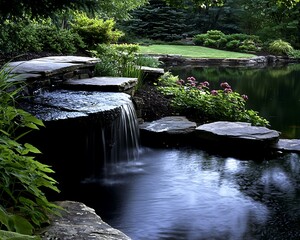 Serene Waterfall Garden Pond Landscape Design