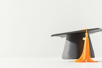 minimalistic setup displaying solitary graduation cap tassel elegantly draped over side set against pristine white