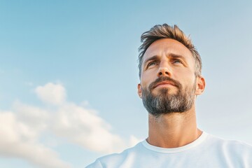 Fototapeta premium portrait of meditative individual gazing thoughtfully into distance set against neutral backdrop for framing