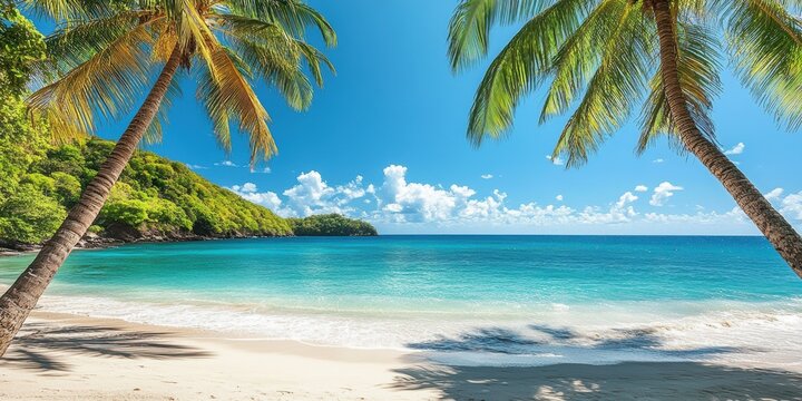 Serene Tropical Beach with Palm Trees and Clear Blue Water Under Bright Blue Sky, Perfect for Vacation and Relaxation Imagery