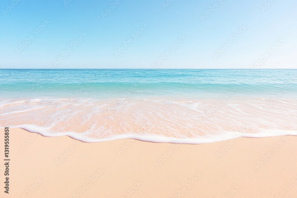 Poster soft pastel waves gently lap at sunlit sandy shore creating serene and tranquil scene with ample cop