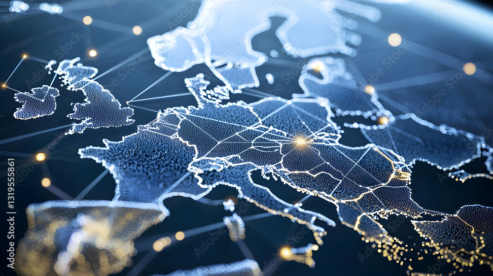 Poster illuminated blue network over dark digital map of europe showing global connections and data flow wi