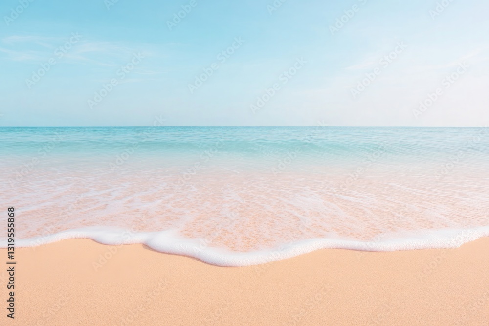Poster soft pastel waves gently lap at sunlit sandy shore creating serene and tranquil scene with ample cop