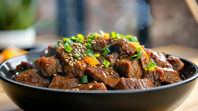 vibrant bibimbap bowl with grilled meat, enoki mushrooms,