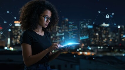 Young Black woman using smartphone to analyze data in urban skyline at night, highlighting technology and innovation