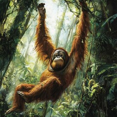 Fototapeta premium Orangutan swinging through lush rainforest nature photography tropical environment wildlife scene