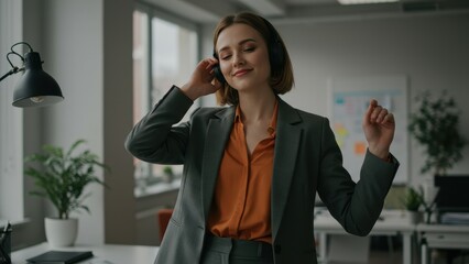 Caucasian young adult woman in business attire listening to music in modern office, enjoying work life balance