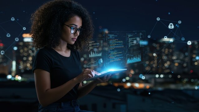 Young Black woman using smartphone to analyze data in urban skyline at night, highlighting technology and innovation