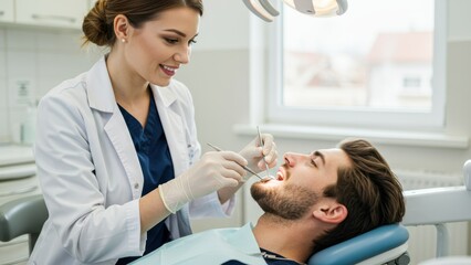 Fototapeta premium Female dentist examines Caucasian man's teeth in modern dental office Focus on oral care, preventive healthcare