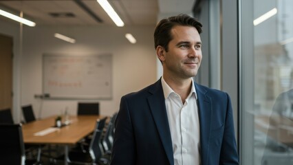 Obraz premium Caucasian businessman in his 30s stands in modern office looking out the window Professionalism, corporate culture, leadership