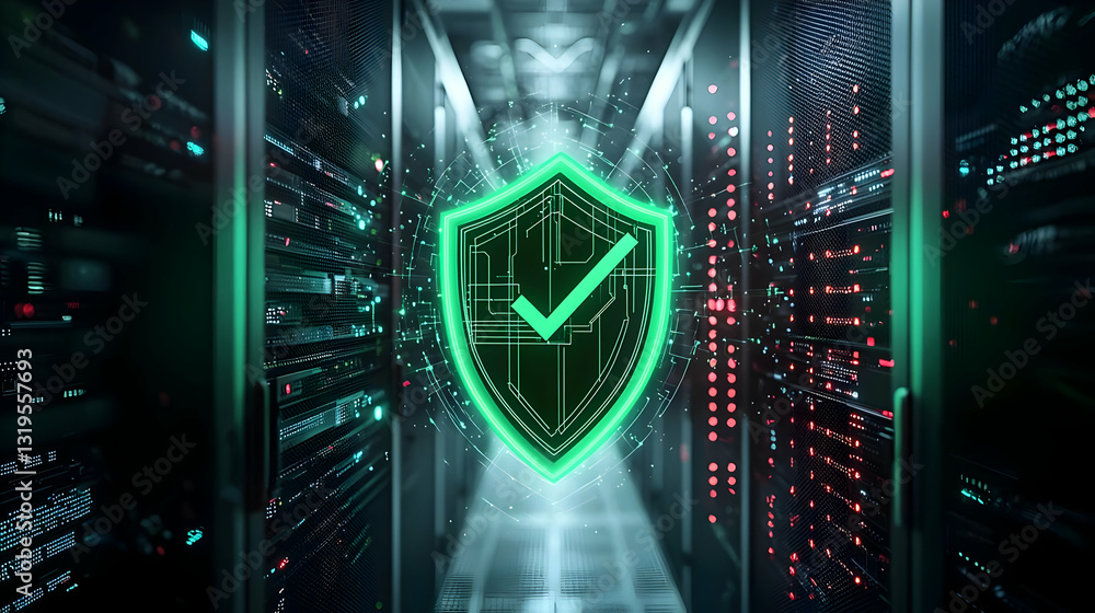 Poster glowing green shield with checkmark overlayed on server room background illustrating cybersecurity a