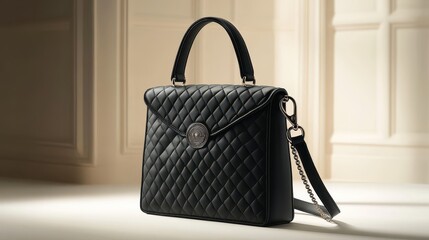 A sleek, black quilted handbag, adorned with a distinctive metallic emblem and a delicate chain strap, rested majestically on a pristine, light background, exuding an aura of sophistication and